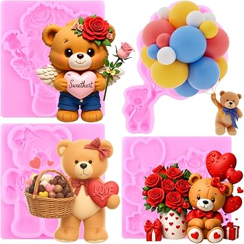 ZiXiang Bear Silicone Mold Teddy Bear Balloon Rose Fondant Molds Set Of 4