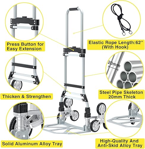 Miniatura 3 de Carrito Subescaleras de 260 LBS, Carrito Trolley de Aluminio para Escaleras, Carrito de Mano Plegable, Carrito de Compras con Ruedas Silenciosas,