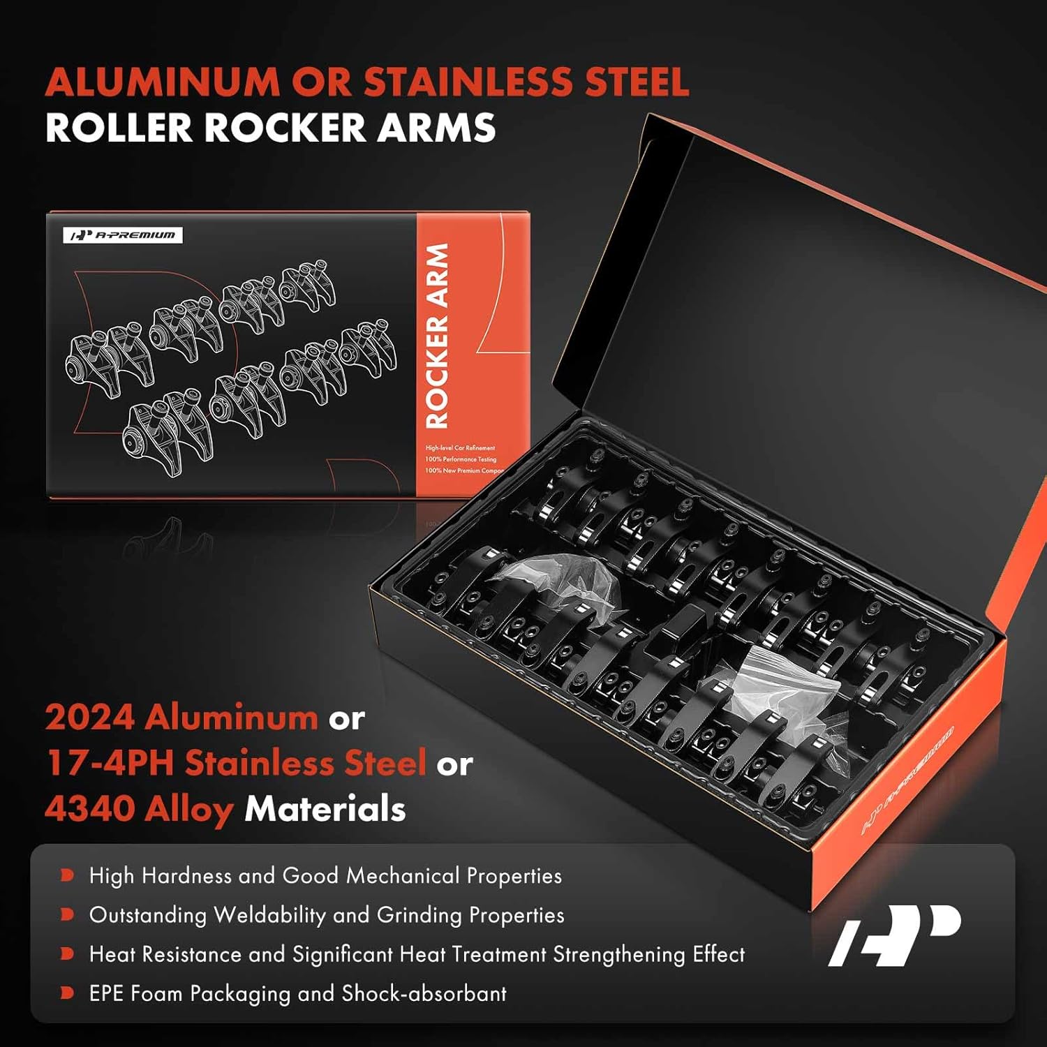 A-Premium 16Pcs Stainless Steel Shaft Mount Rocker Arms Kit with Needle Bearings Compatible with GM L92 LS3 Gen III, 1.7 Ratio