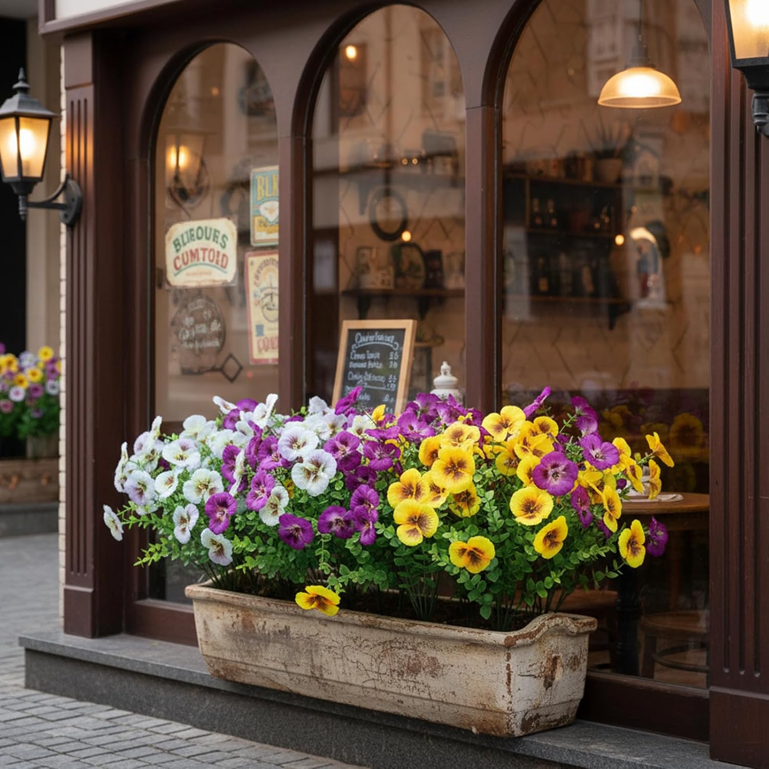 Artificial Flowers Plants, Outdoor Spring Summer Faux Pansy Flowers Fake Greenery Plants UV Resistant for Home Garden Front Door Yard Porch Patio Window Box Decor 9 Bundles (White Yellow Purple) - Image 7