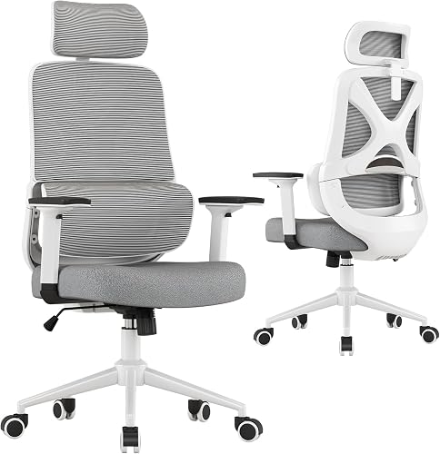 High Back Ergonomic Desk Chair with Adjustable Lumbar Support and Headrest Home Office Desk Chair with flip-up Armrests for Home, Office, Gaming, Student（White）