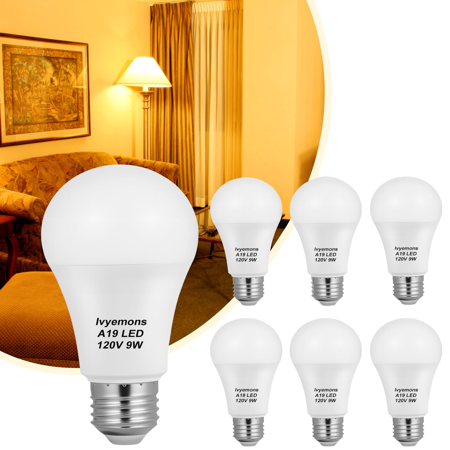 Ivyemons A19 LED Light Bulb 3000K Warm White – 9W 800LM 120V, Non-Dimmable E26 Base, 6-Pack, Energy Saving Equivalent To 60W, Lasts 25 Years