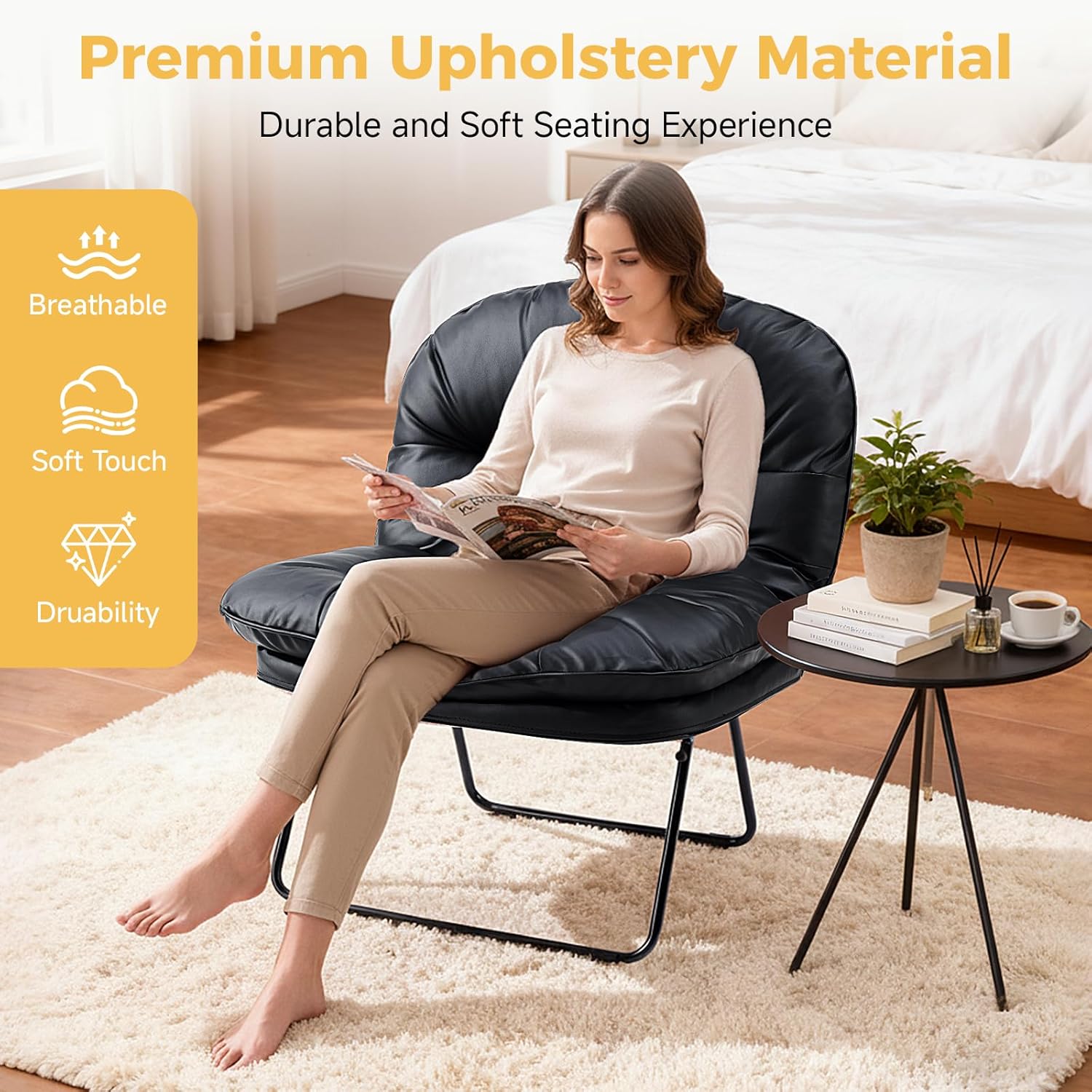 NEWBULIG Floor Chair Adjustable, Space Saving Accent Chair for Living Room & Bedroom, Comfy Reading & Meditation Chair, Compact Foldable Design for Easy Storage, Modern Faux Leather Black