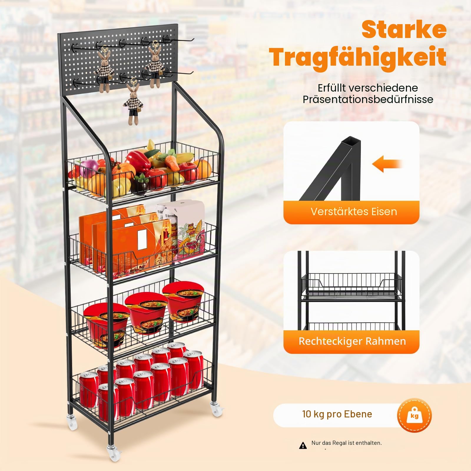 OUKANING Snackregal mit 4 Ebenen, Regal für Süßigkeiten mit Hängebrett & Rollen, Snack-Display & Chips-Regal, Höhenverstellbar Einzelhandelsständer Für Läden Zuhause, Geschäfte 50x27x140cm Schwarz Küc