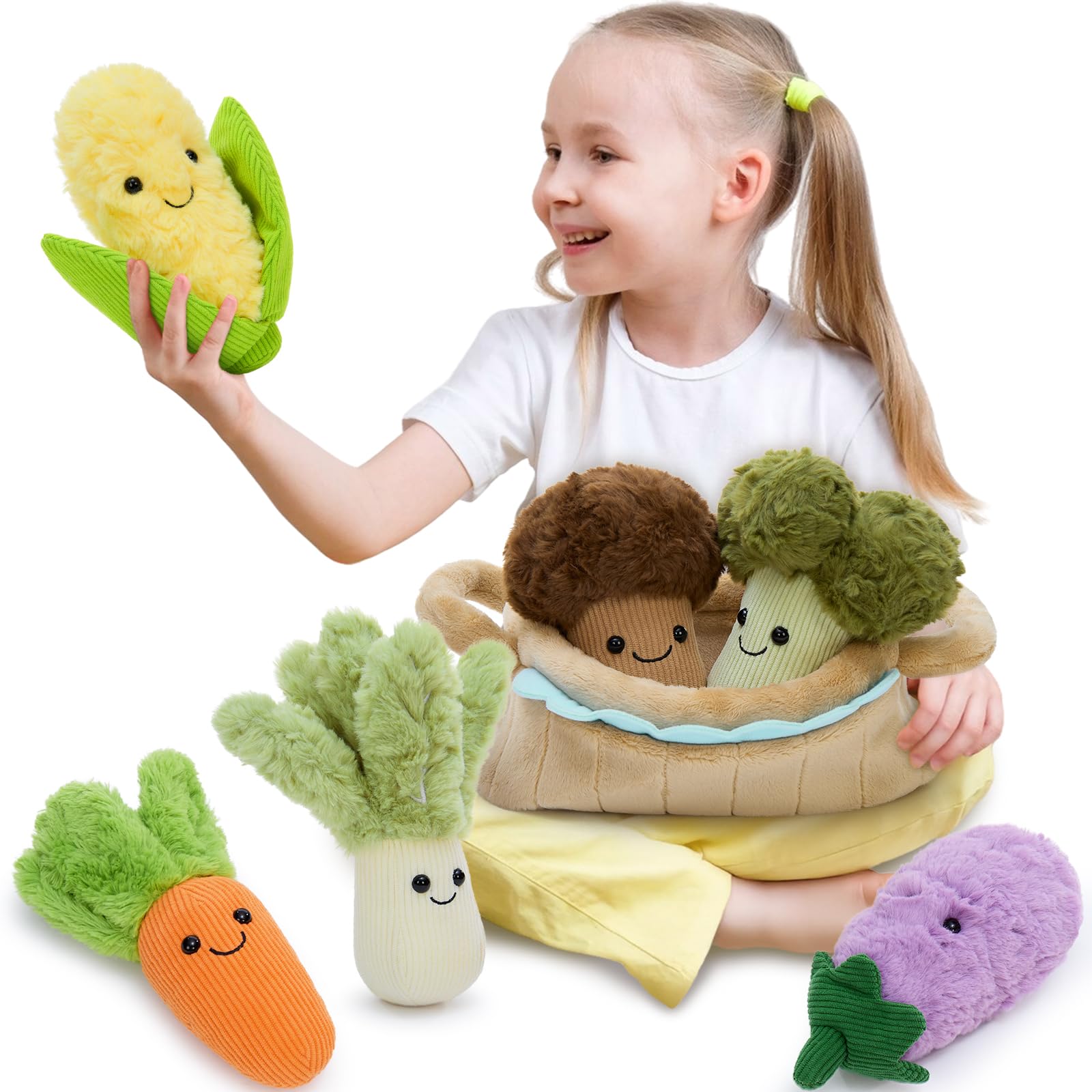 MorisMos 7pcs Vegetable Teddy Soft Toy Set, 40cm Basket with Different Veggie Stuffed Animal, Multi-Pack Food Playset, Interactive Playset for Kids Birthday Party Favor โ image 1