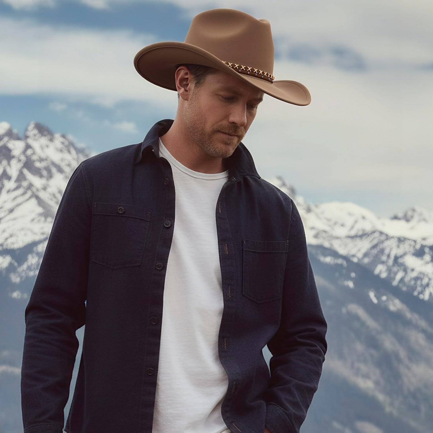 MIX BROWN Cowboy Hat Water-Resistant Felt Hats 100% Wool Wide Brim Western Panama Rancher Hat for Women Men