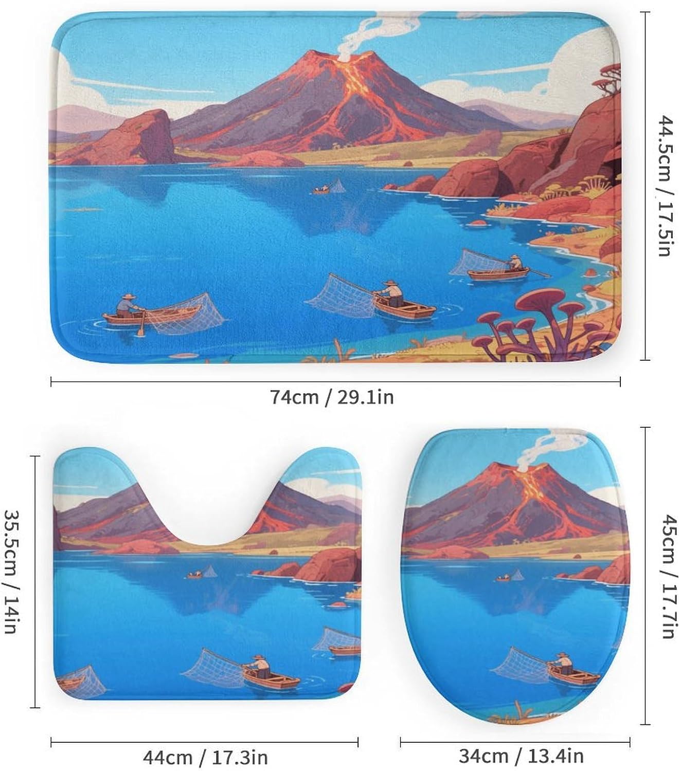 Crater Lake Bath Rug Set 4 Piece,Bathroom Accessories Set-Toilet Rugs U Shaped,Toilet Lid Cover,Shower Curtain and Rugs,Ultra Soft, Absorbent,Home Decor