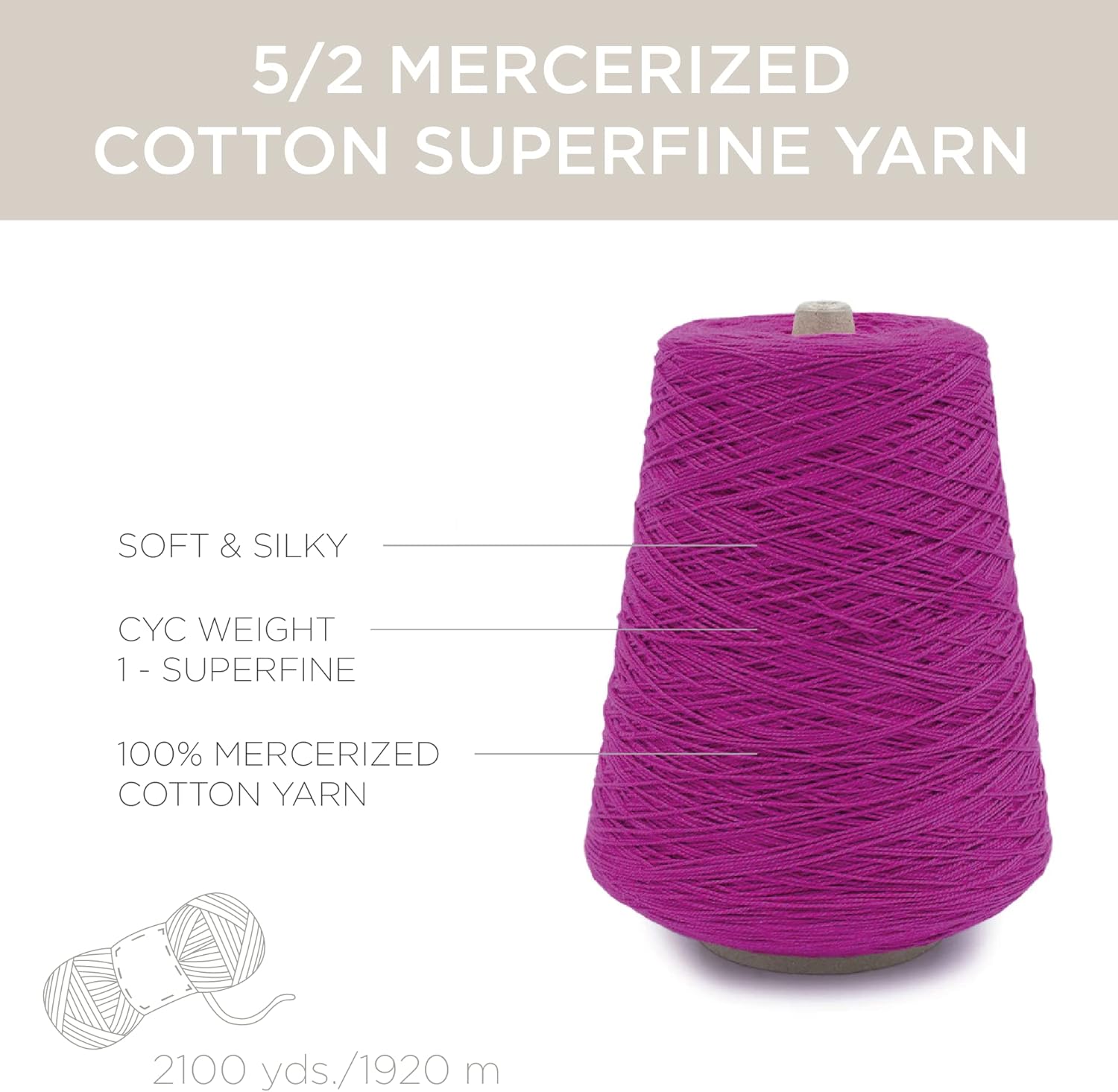Silk City Fibers, 5/2 Perle Mercerized Cotton Yarn for Machine Knitting, Weaving and Crochet, Magenta, 1 Cone, Designer Yarn for Premium Garments, Delicate Shawls and Fingering Weight Projects