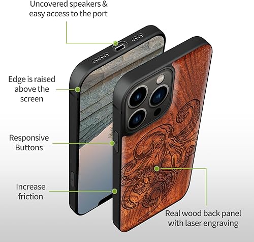 Miniatura 9 de Carveit Funda magnética de madera para iPhone 13 Pro madera natural y TPU suave negro funda protectora de madera única y elegante a prueba de golpes