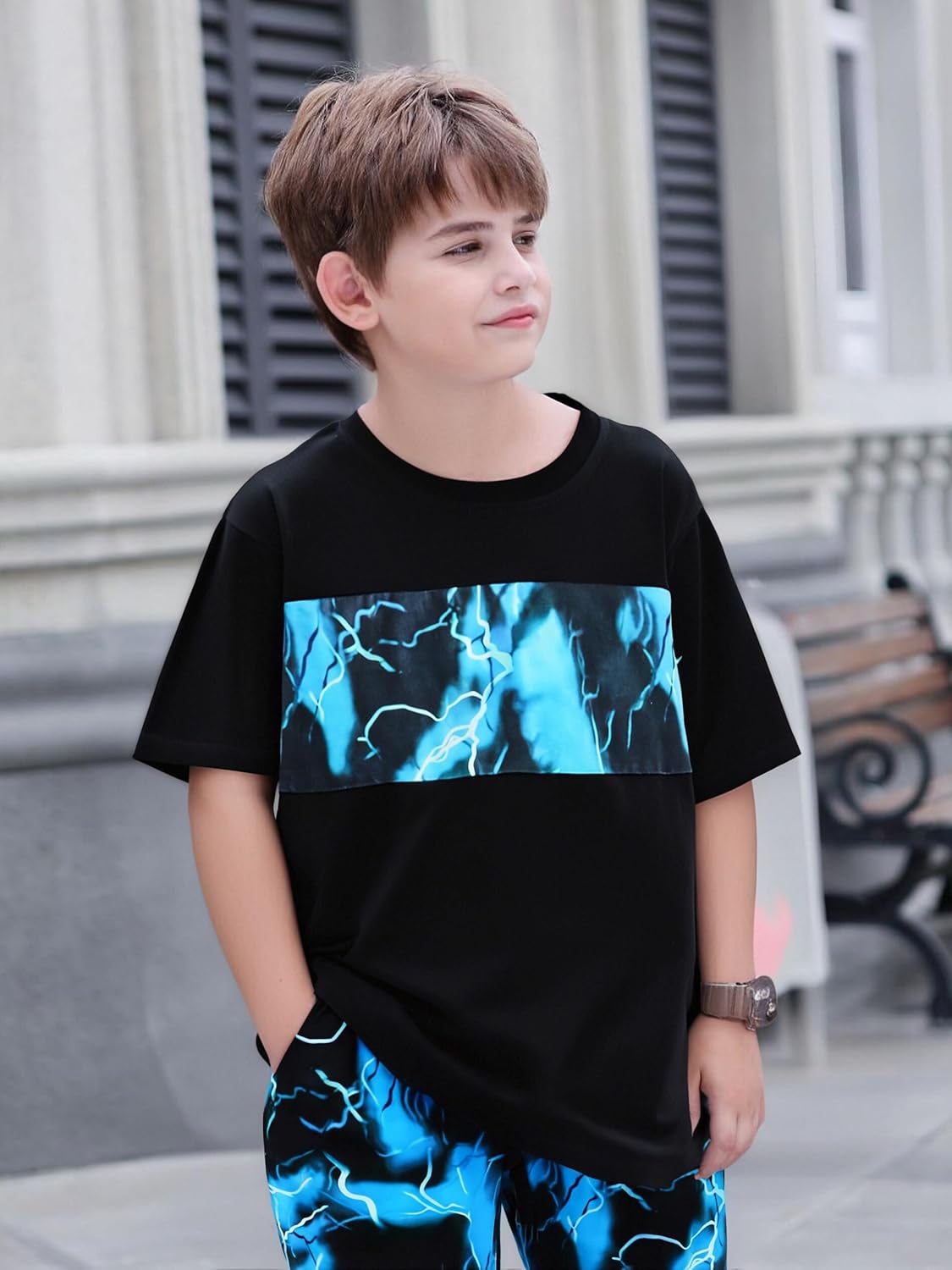 Kid Boy Clothes Geometric Printed Color Blocking Top Summer Long Pants 2PC Summer Outfit Set - Image 4