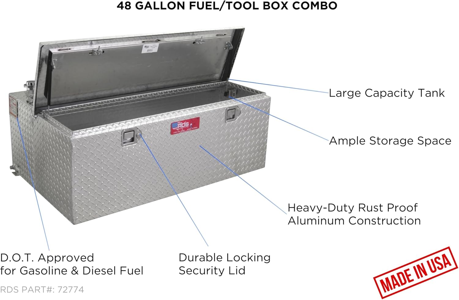 RDS Aluminum Transfer Fuel Tank Toolbox Combo - 48 Gallon, Rectangular, Diamond Plate, Model Number 72774
