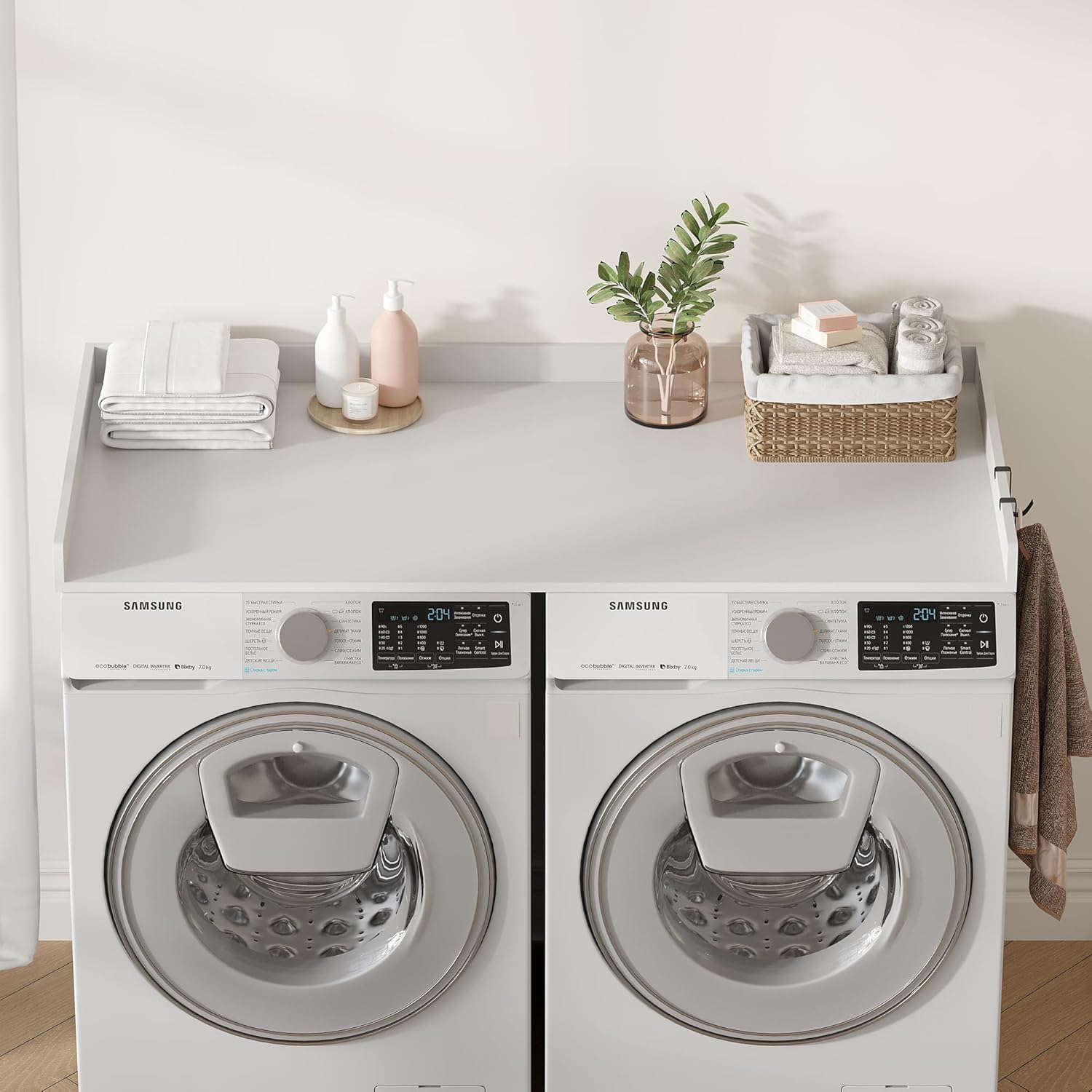 Washer Dryer Countertop, Wood Countertop with Edge Rails for Laundry Room Organization and Storage, Washer Dryer Topper for Laundry Room, 27.5" x 54" (White)