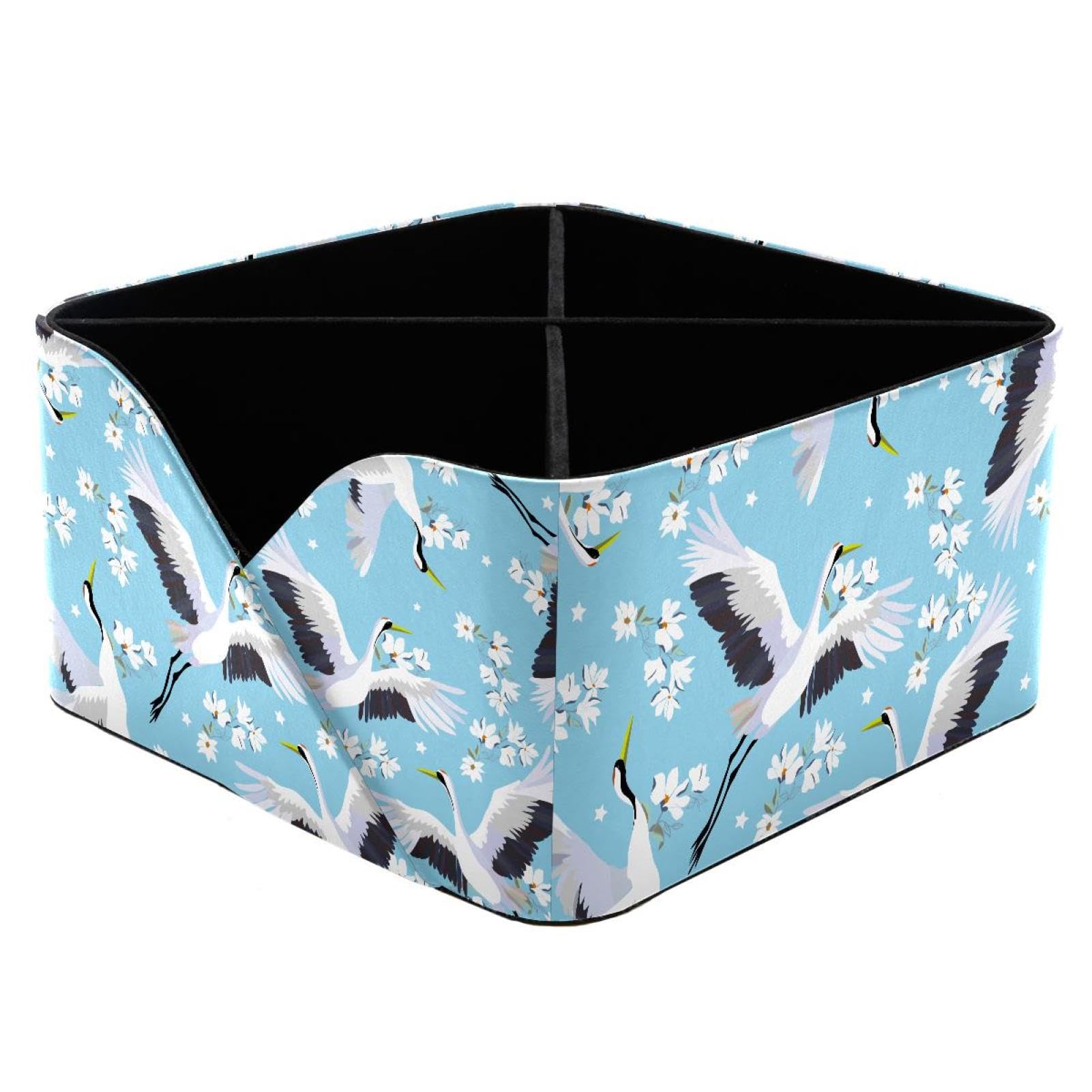 KengjuTesu Crane Flying Bird Flower Pattern Desktop Organizer Pen Holder, Rectangular Pencil Cup for Office, Study and Makeup Stations