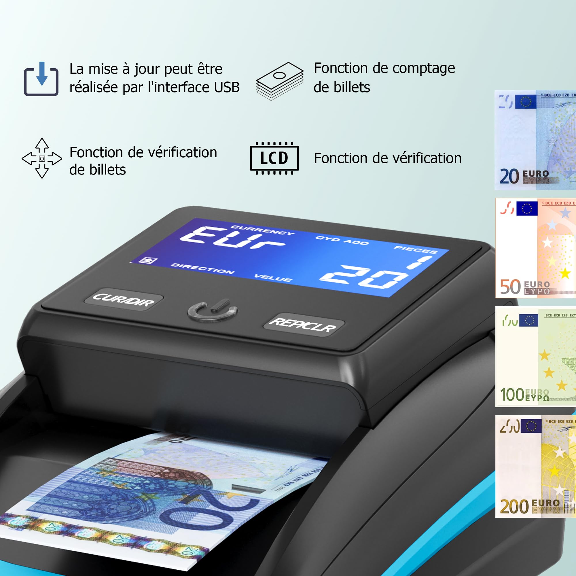 Detector de billetes falsos Euro con batería recargable automático para varias monedas Azul