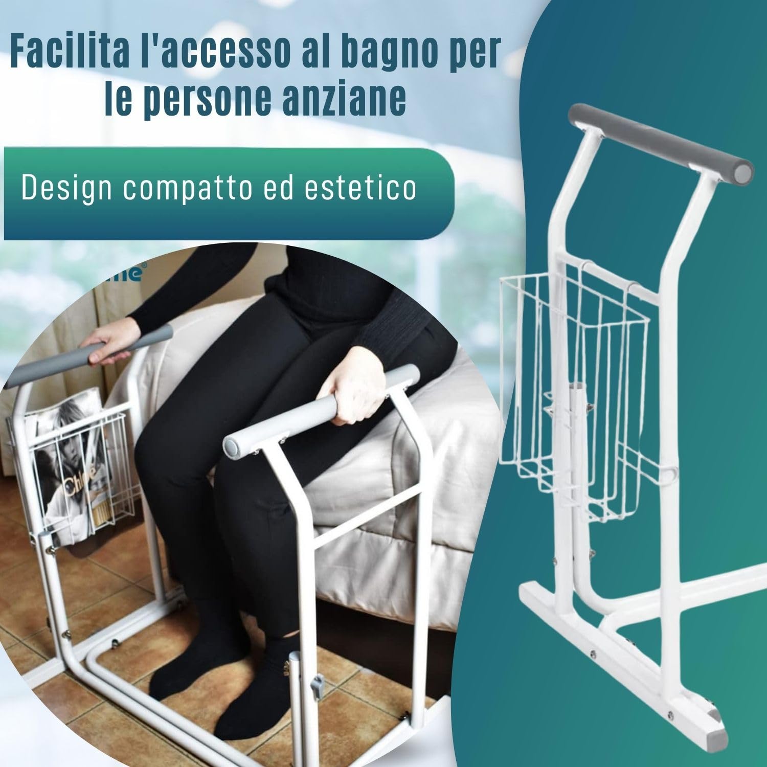 OrtoPrime Ausili per Disabili Bagno - Maniglia per Wc - Braccioli per Wc - Accessori Bagno per Disabili - Supporto Wc per Anziani - Sostegno per Alzarsi dal Letto - Ausili per Anziani Bagno