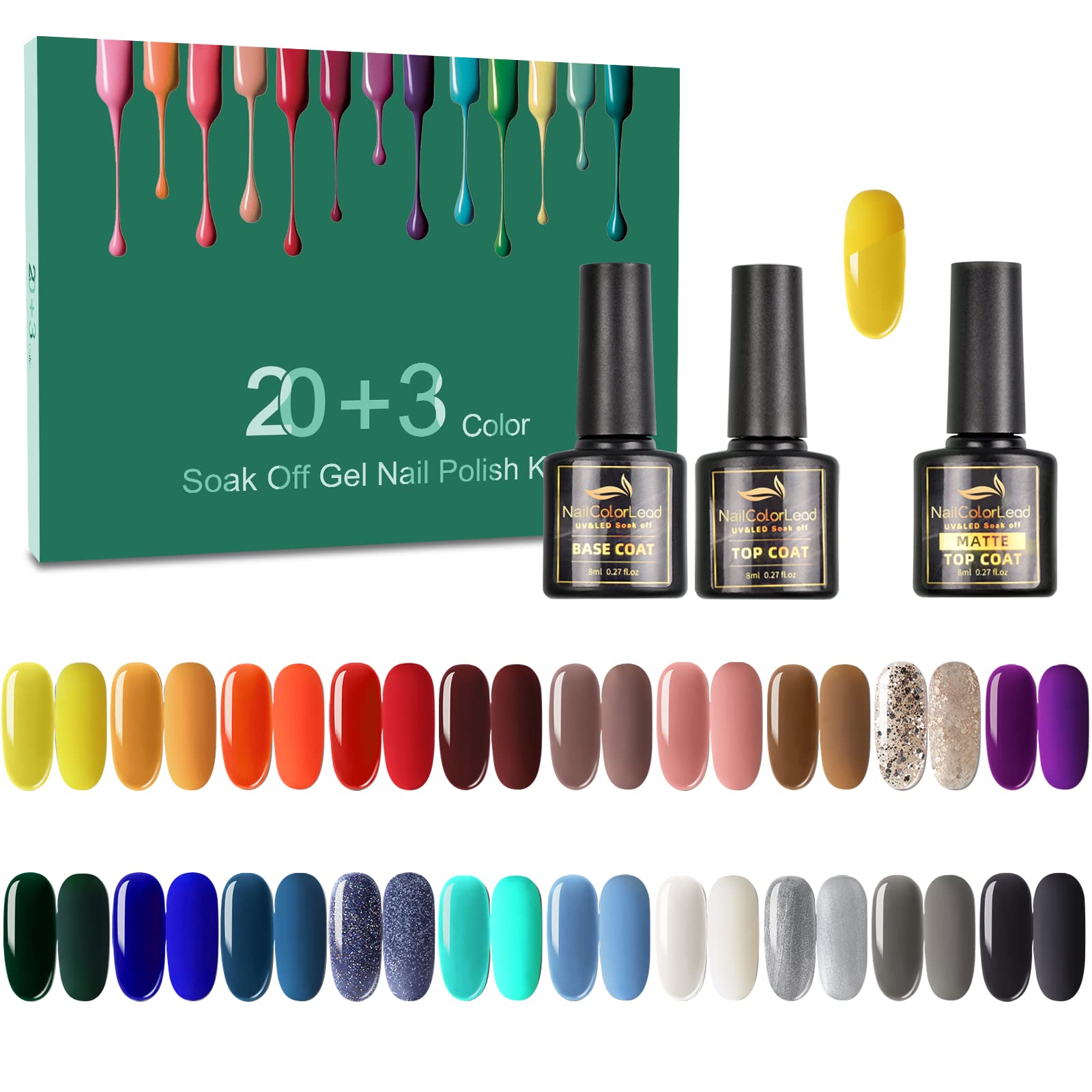 Gel Nail Polish Set - Nail Polish 20 Colors, Popular Nail Art Colors UV LED Soak Off Nail Gel Kit (20 + 3)
