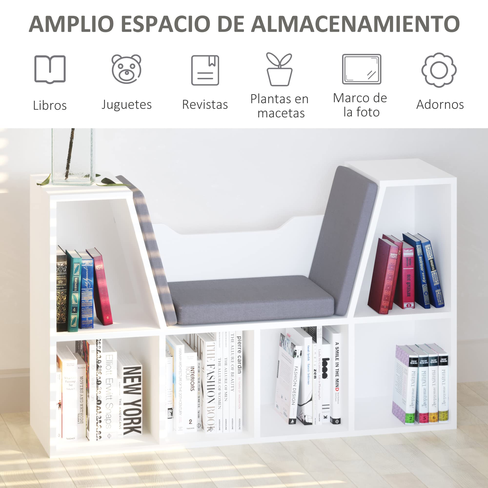HOMCOM Librería con Asiento, Estantería de Libros con 6 Cubos, Estantería Almacenamiento con Banco con Cojín, Multiusos para Sala de Estar, Oficina, Dormitorio, 102x30x61cm, Blanco y Gris