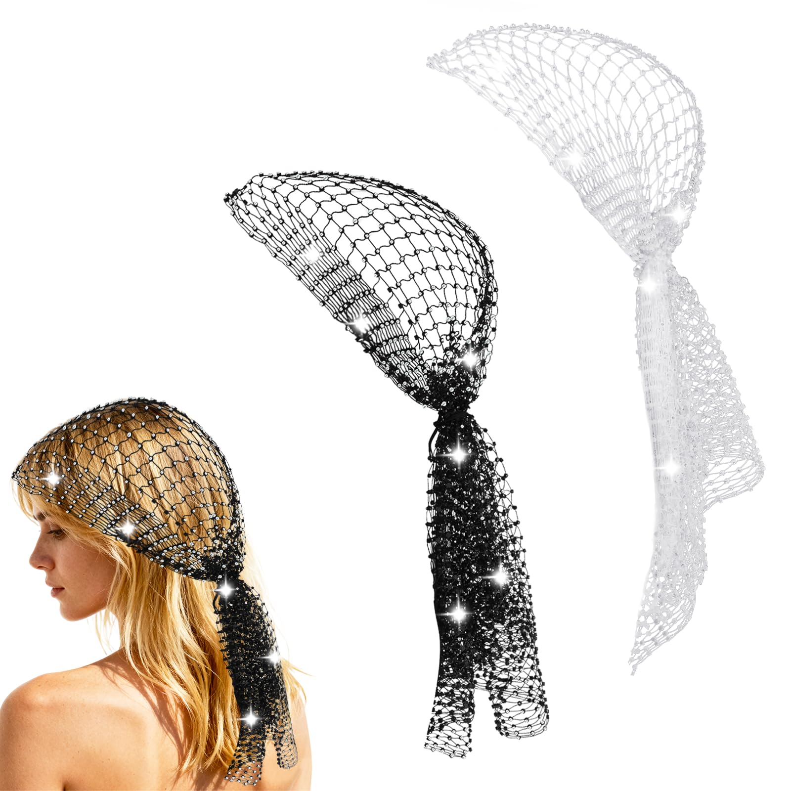 Mikovivi 2pcs Head Scarves with Imitation Diamonds, Shiny Mesh Bandana Turban Style Disc 1920s for Women Carnival (Black, White)-picture-24
