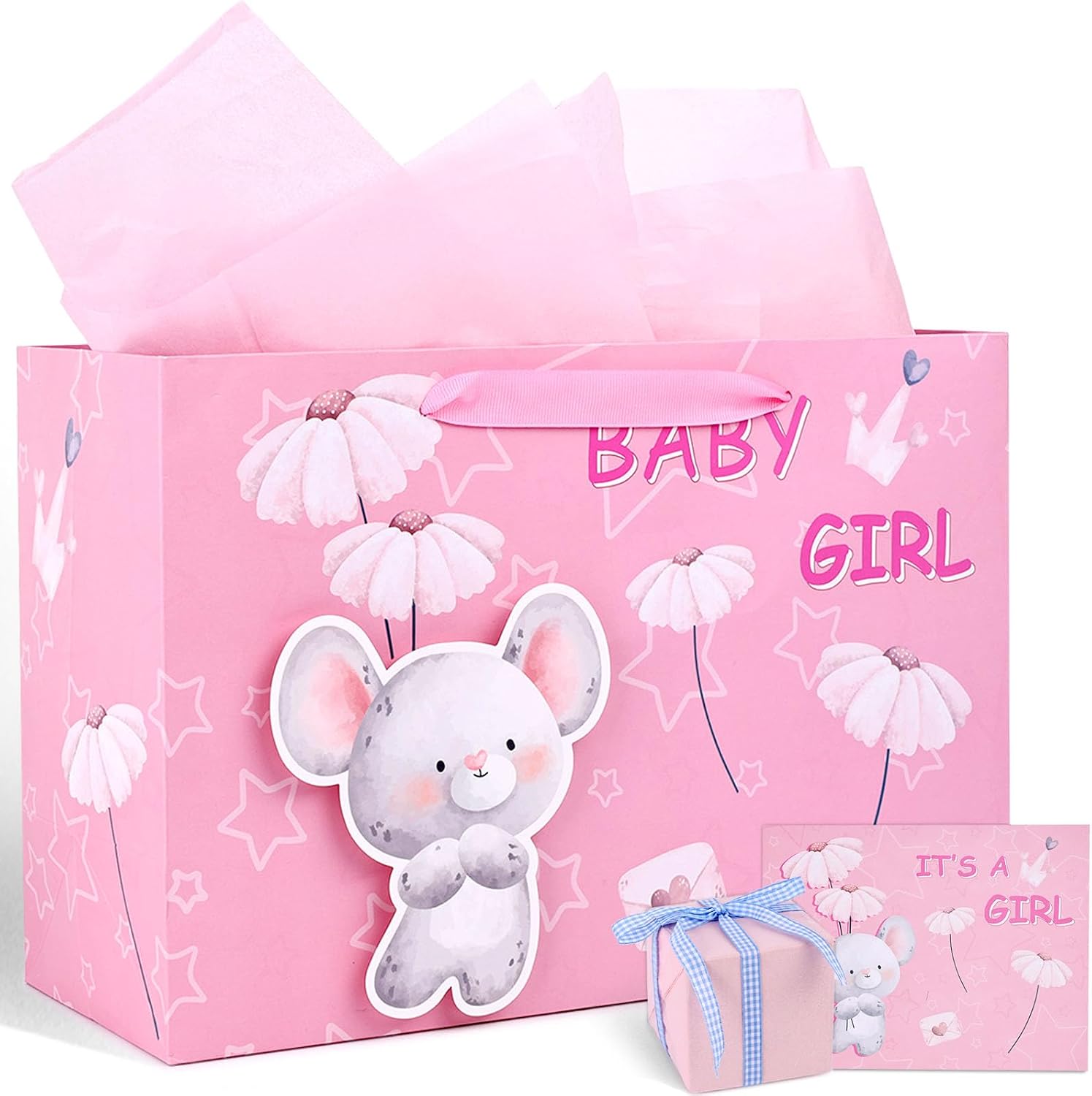 VGOODALL 13'' Large Baby Girl Gift Bag for Baby Shower