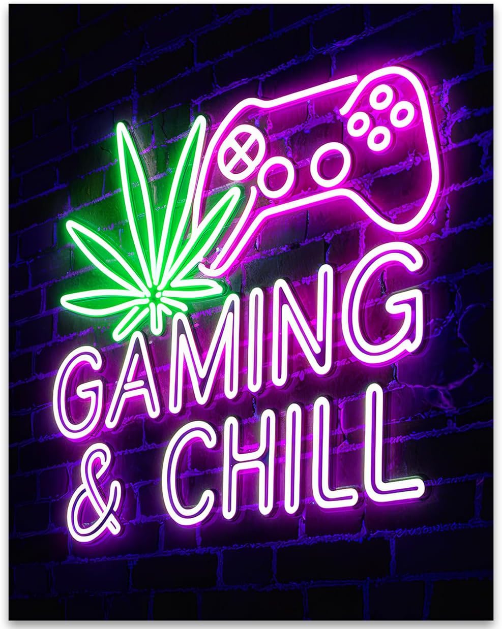 Gaming & Chill Neon Light Glow-Console Controller & Weed Gamer Sign- 11x14 Poster-Game Room/Man Cave Wall Art-Gaming & Cannabis Cafes/Lounges Decor-For Cannabis/Marijuana Enthusiasts & Video Game Fans