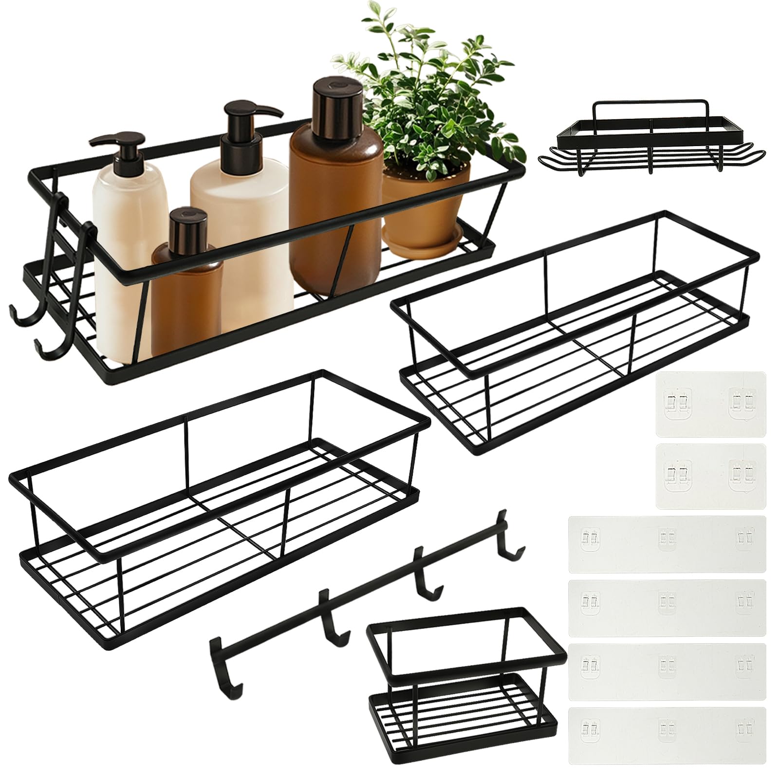 6Pcs Shower Caddy No Drilling Carbon Steel Shower Caddy Set Large Capacity Wall Mounted Bathroom Storage Rack for