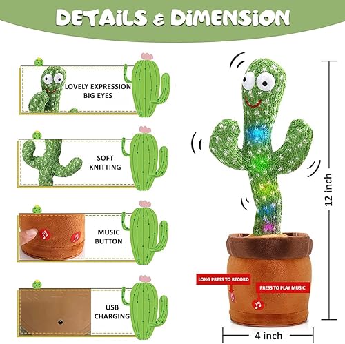Miniatura 2 de Juguetes de cactus parlante para bebés, juguetes de cactus bailarines que pueden cantar, retorcerse y cantar, grabar, repetir lo que dices,
