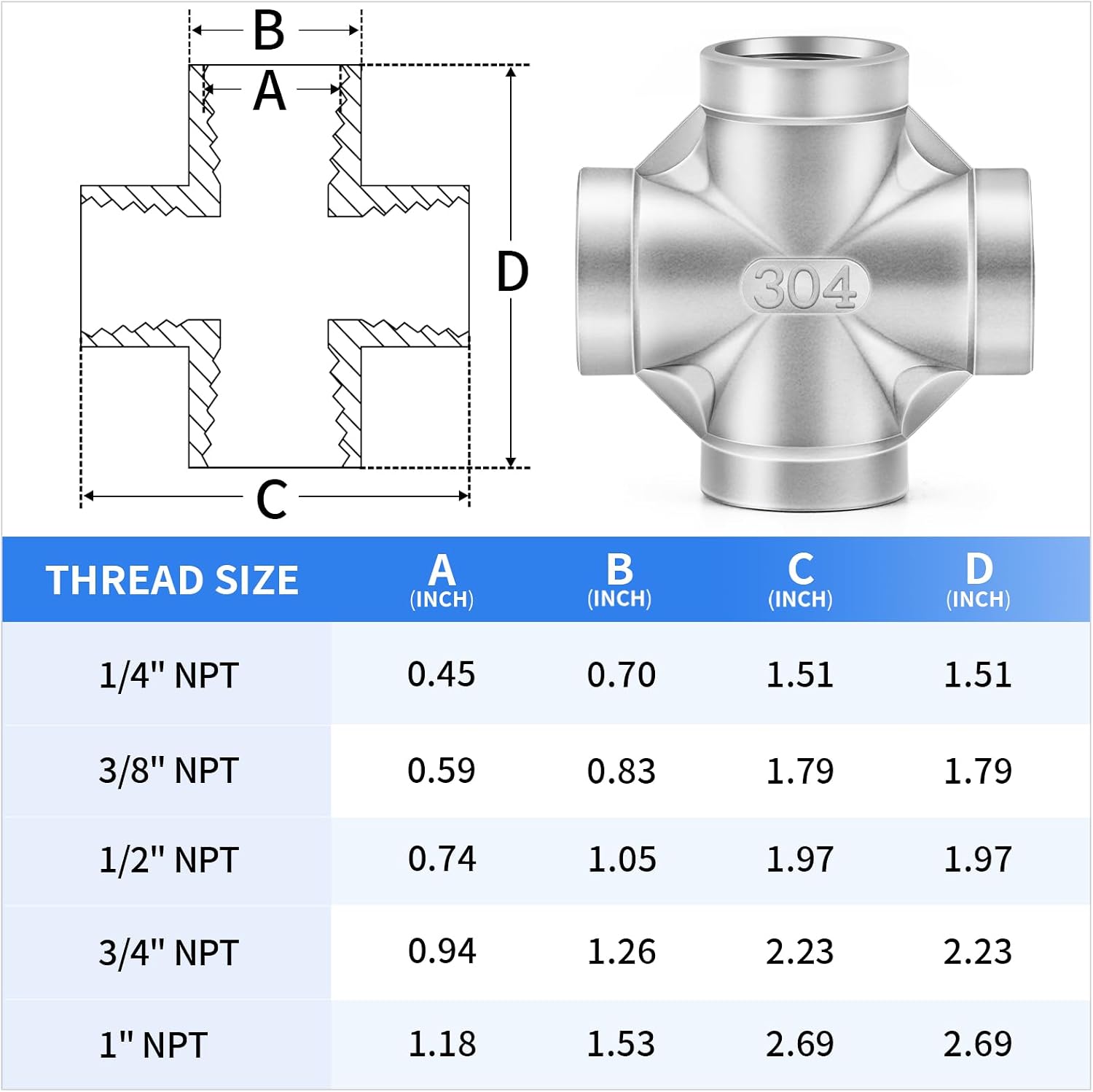 ChillWaves 304 Stainless Steel Pipe Fitting, 4 Way Cross 2" x 2" x 2" x 2" NPT Female Thread Adapter(1-PACK)