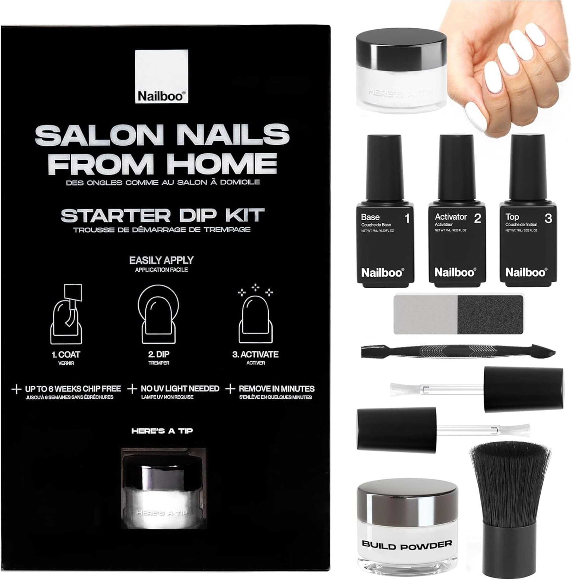 Nailboo Here's a Tip Premium Dip Nails Starter Kit, Nail Powder Dip Kit for DIY At Home Manicure, Includes Dipping Powder and Liquids, White
