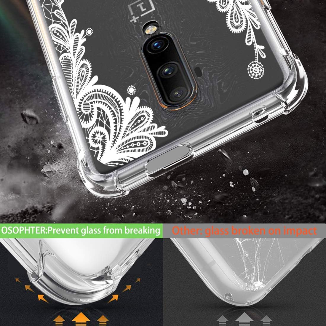 Osophter for Oneplus 7T Pro Case Clear Transparent Reinforced Corners TPU Shock-Absorption Flexible Cell Phone Cover for One Plus 7T Pro 5G McLaren(White Lace)