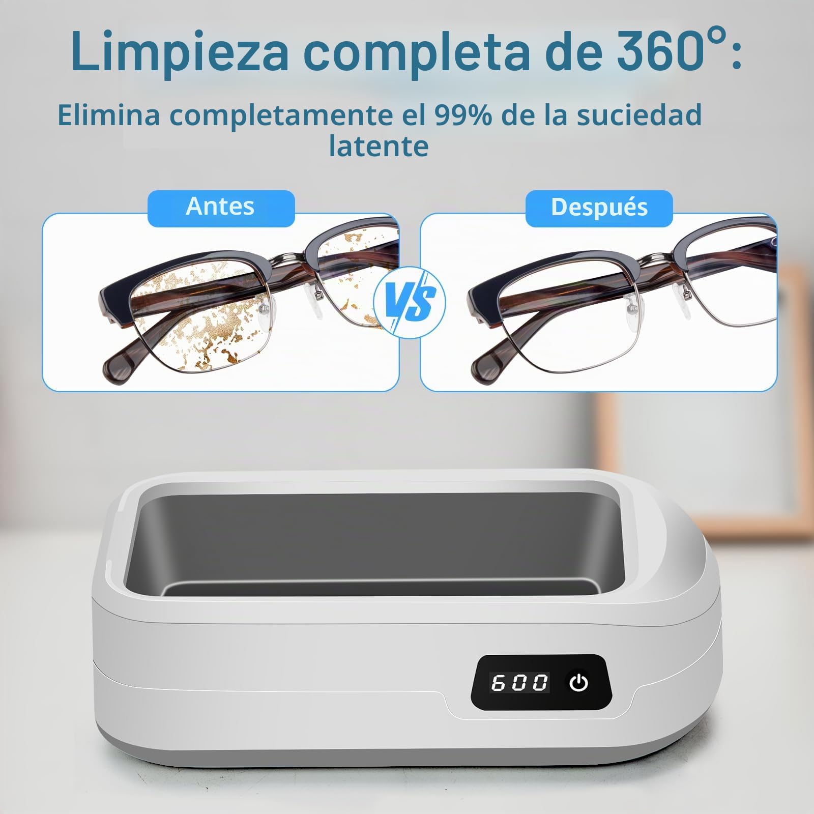 Ultrasonic Cleaner 49000Hz, 600ml Equipo De Limpieza De Gafas, Modo 4 Limpiador Ultrasonidos, Adecuado Para Gafas, Joyas, Relojes, Dentaduras Postizas, Monedas, Etc.