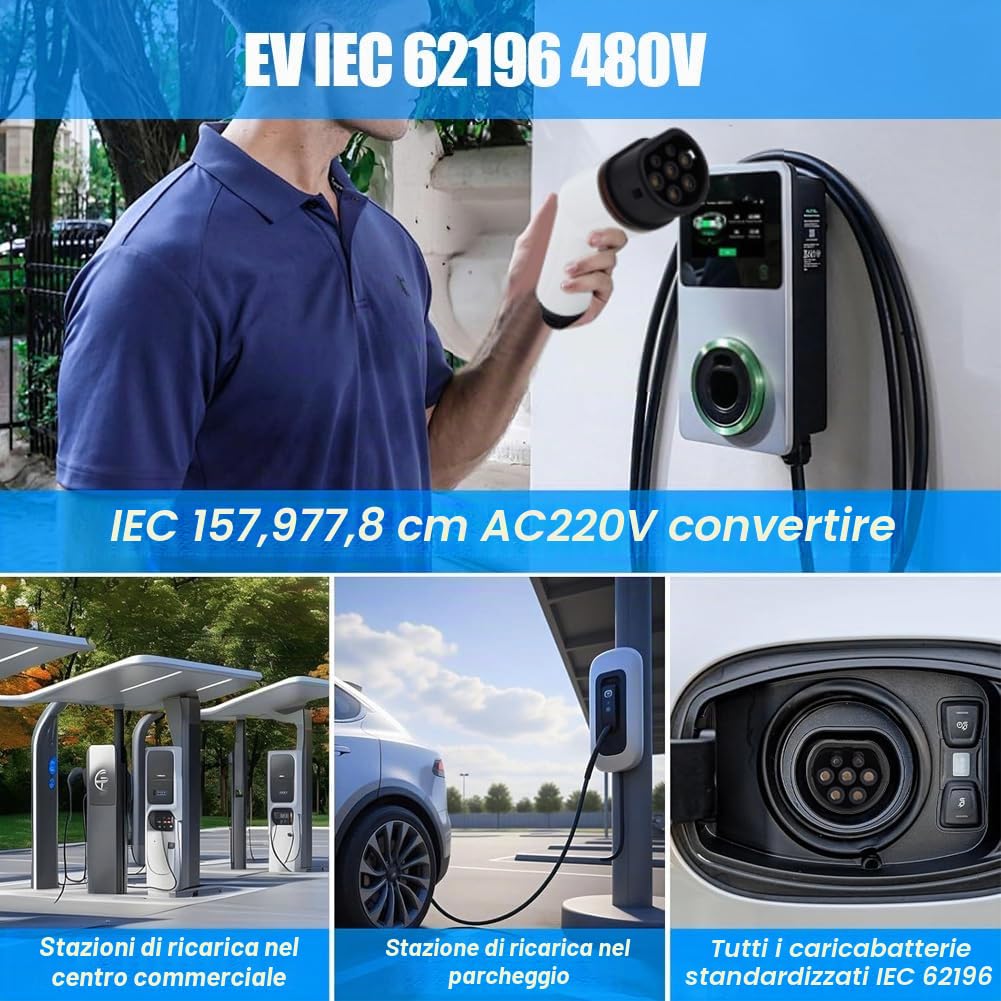 Caricabatterie EV Tipo 2 32A 22kW,IP54 Spina Femmina 2 IEC 62196 3 Fasi 480V, per Auto Elettriche PHEV Compatibile con Stazioni Pubbliche Private, Resistente a -30°C~50°C
