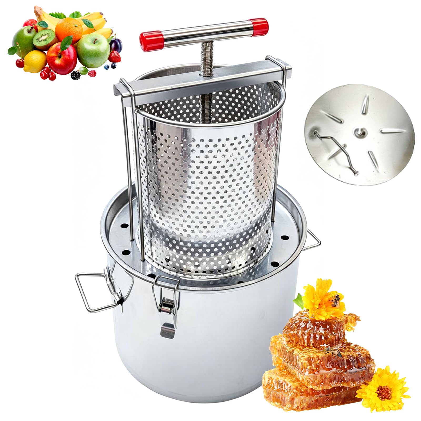 Presse à miel en acier inoxydable de 23 litres avec poignée en T et plateau de filtration lextraction de la cire dabeille et des jus de fruits