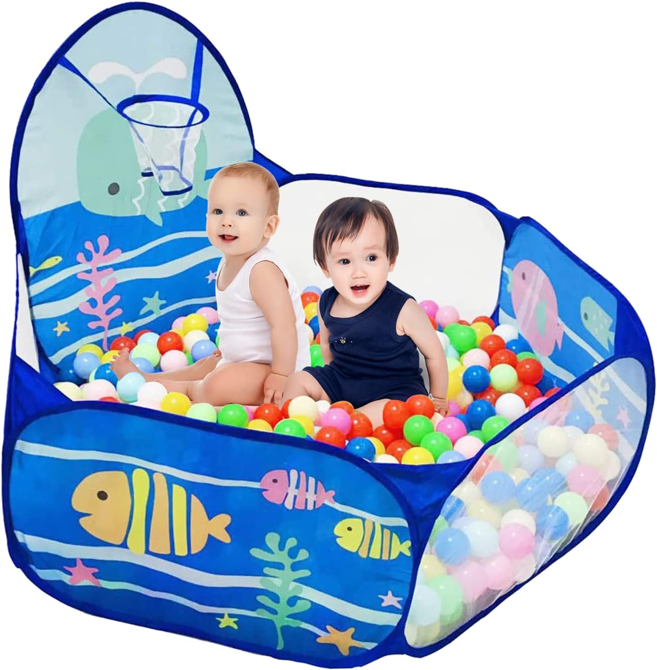 Kids Ball Pit, Pop Up 3+Children Play Tent, Toddler Ball Pool Baby Crawl Playpen with Basketball Hoop, Portable Toys for Girls Boys, 4 ft / 120 cm, Balls Not Included, Ocean