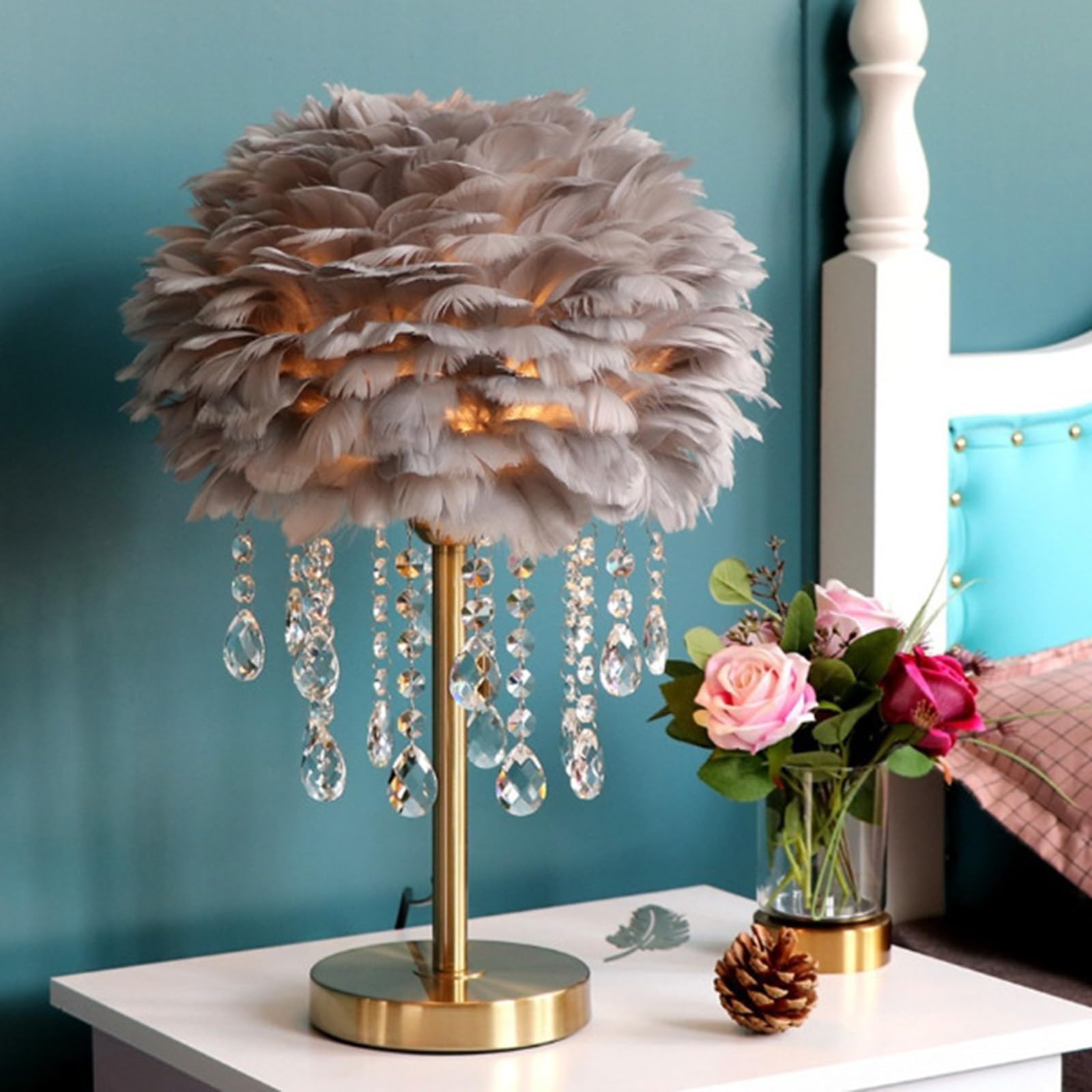 Lampada da tavolo a piuma con cristallo unico - luce a temperatura a 3 colori, luce notturna della scrivania con filo plug-in perfetto per regalo di nozze a fianco letto della camera(Champagne color)