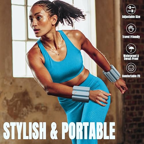 Miniatura 5 de Sportneer Pesas de muñeca y tobillo para mujeres y hombres, 1 par (1 libra2 libras cada uno), pulsera con peso ajustable de silicona para yoga,