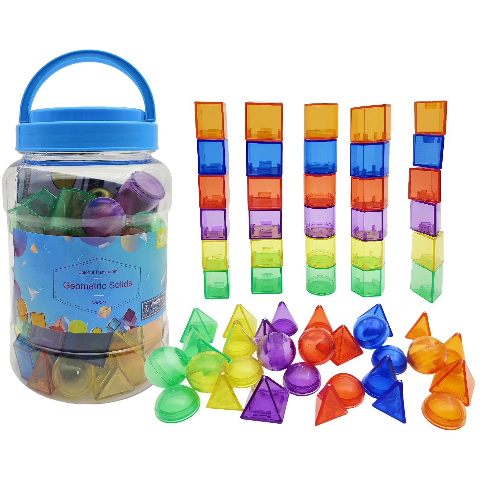 NNHOM 3D Geometric Shapes for Teaching,Geometric Solids Light Table Manipulatives with Colorful Translucent 3D Shapes,60 Pcs 3D Shape Math Blocks,Classroom Manipulatives & Sensory Table Toys
