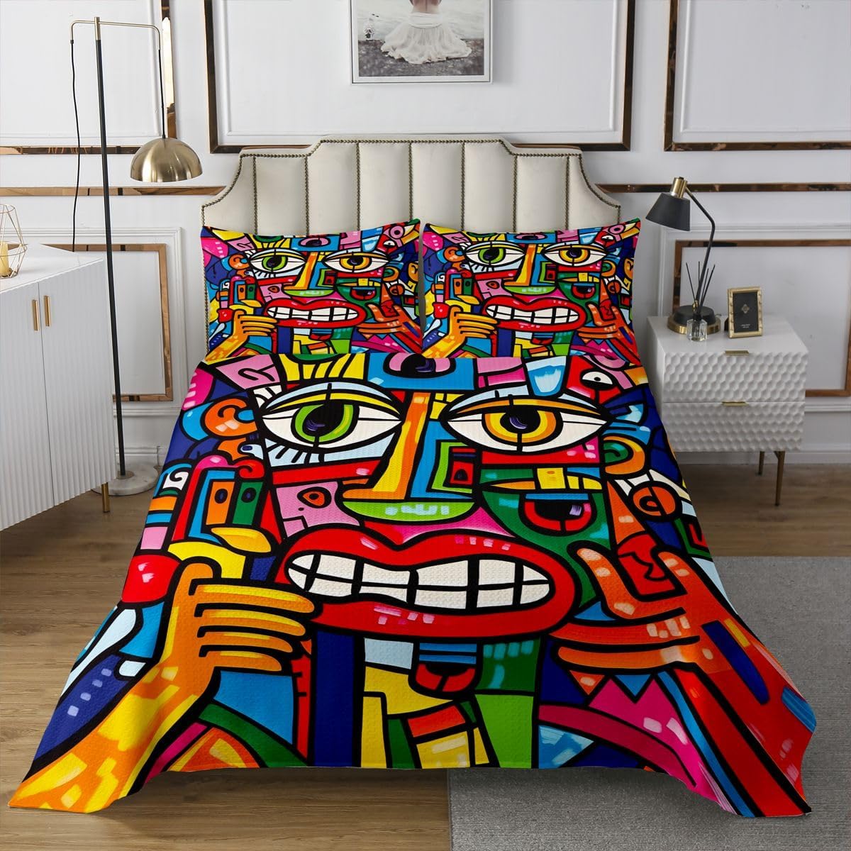 Castle Fairy Graffiti Bear Quilt Sets Queen Size,Colorful Abstract Graffiti Bedspread 3Pcs for Kids Teens Youth Room Decor,Urban Street Art Bedding Sets Hippie Pop Style Coverlet,2 Pillowcases