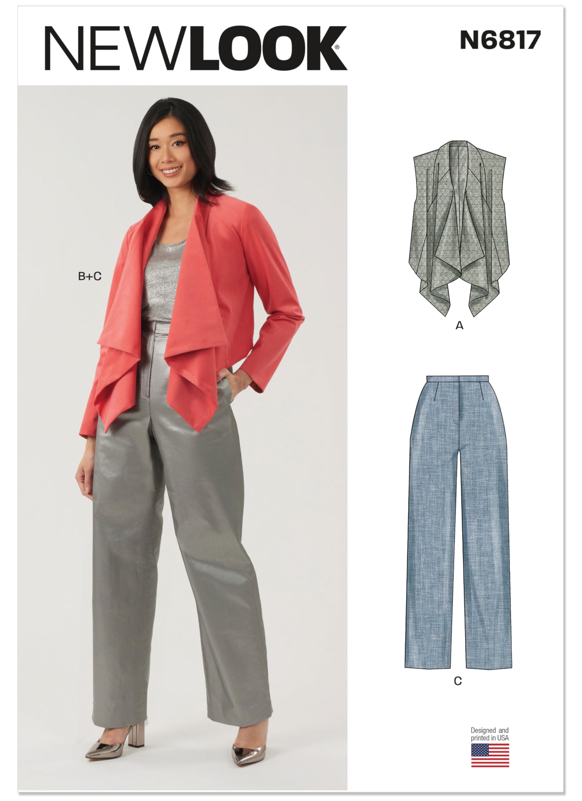 New Look Sewing Pattern UN6817A Misses' Draped Front Vest, Jacket and Trousers A (10-12-14-16-18-20-22)