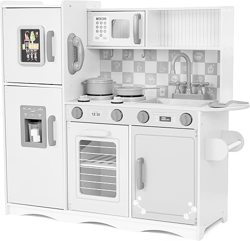 Lil' Jumbl Juego de cocina para niños, cocina de juego de madera con tablero de tiza, teléfono de juego, toallero y dispensador de hielo, perillas