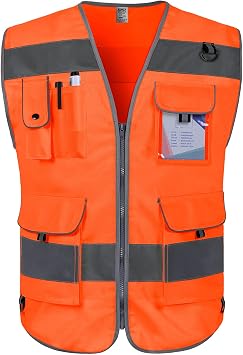 TCCFCCT Safety Vest for Men Women 9 Pockets High Visibility Vest, Orange XL