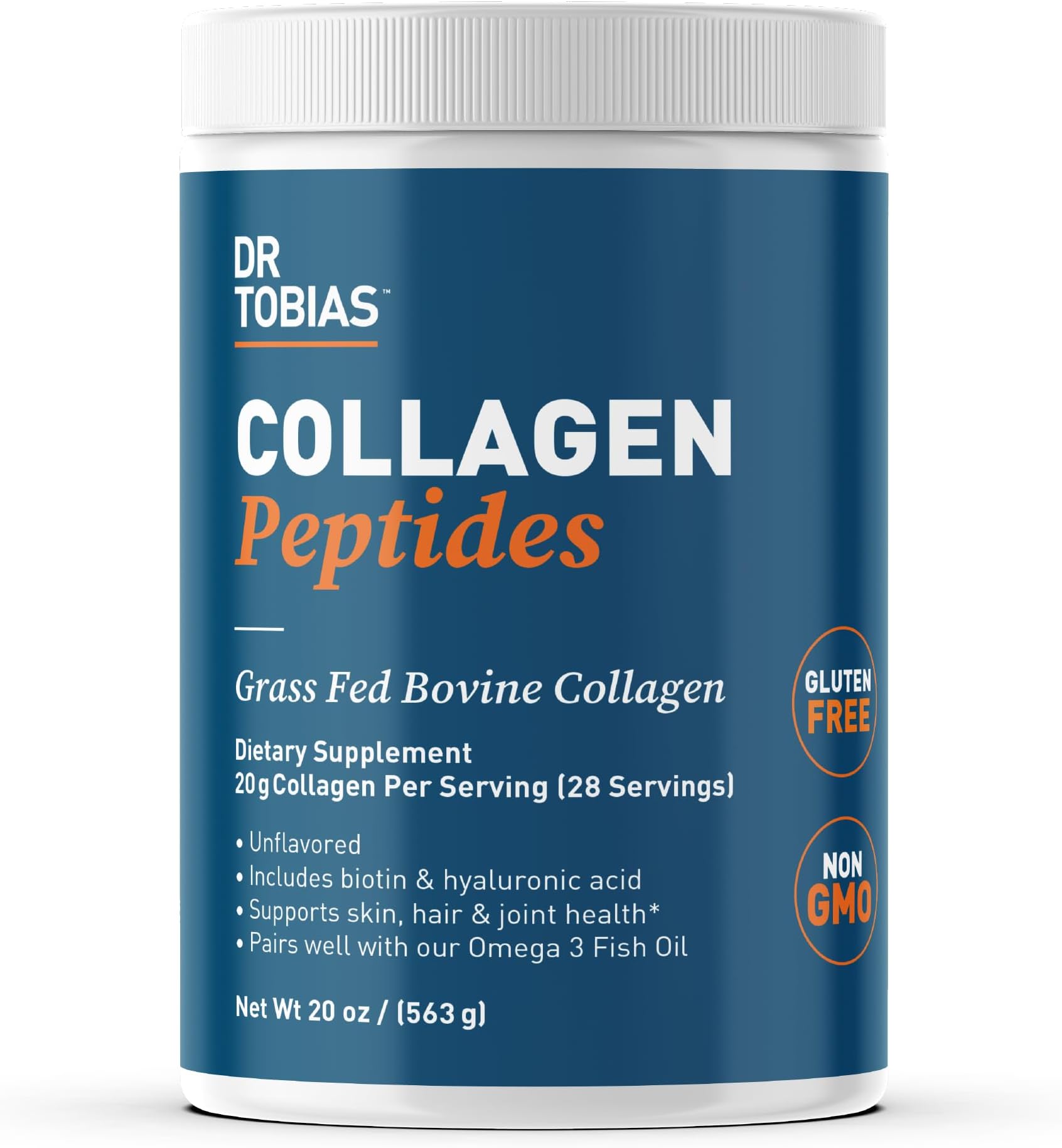 Dr. TobiasCollagen Peptides Powder, Grass Fed Bovine Collagen Powder Type I & III, Promotes Hair, Nail, Skin Health and Beauty, Supports Bone and Joint Health, Unflavored, 20 OZ, 28 Servings