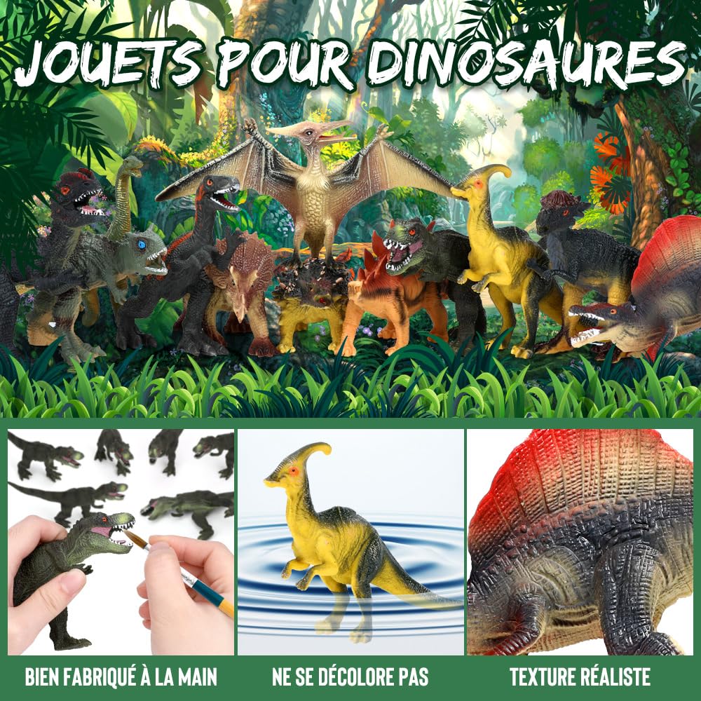 FRUSE Dinosaure Jouet,12 Pcs Grandes Réaliste Figurine Dinosaure avec T-Rex,Seau de Stockage,Livre Dinausaures,Dinosaure Cadeaux pour Enfants Garçons et Filles 3 4 5 6 7 Ans