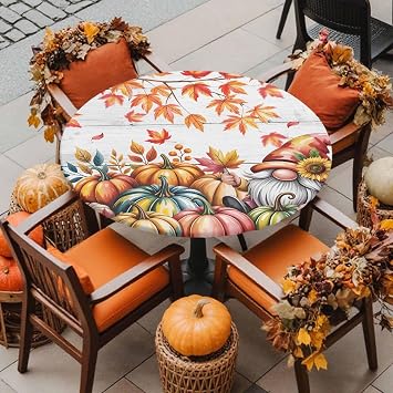 Round Fitted Tablecloth Ombre Pumpkin Thanksgiving Leaf Washable Waterproof Oil-Proof Elastic Table Covers for Picnic Camping Indoor Dining Table Protector Maple Leaves Retro Board Fits 45-54" Tables