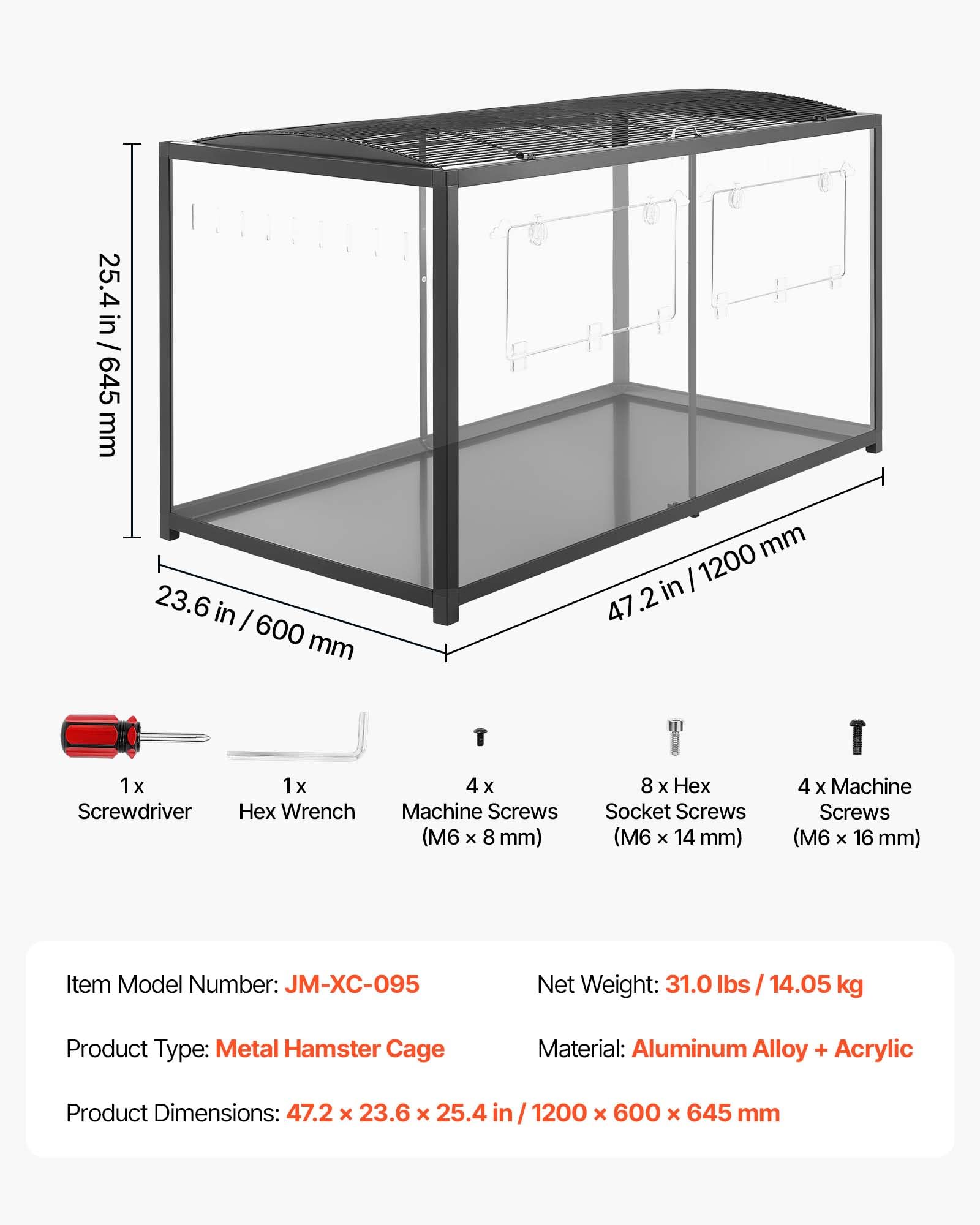 VEVOR Cage Hamster 120x60x64,5 cm 0,7 m² Habitat Rongeurs en Métal Vue 360° | Pour Gerbille, Cochon d'Inde, Petit Animal, Accès par Haut, Porte Frontale, Cadre Noir, Panneaux en Acrylique Transparent