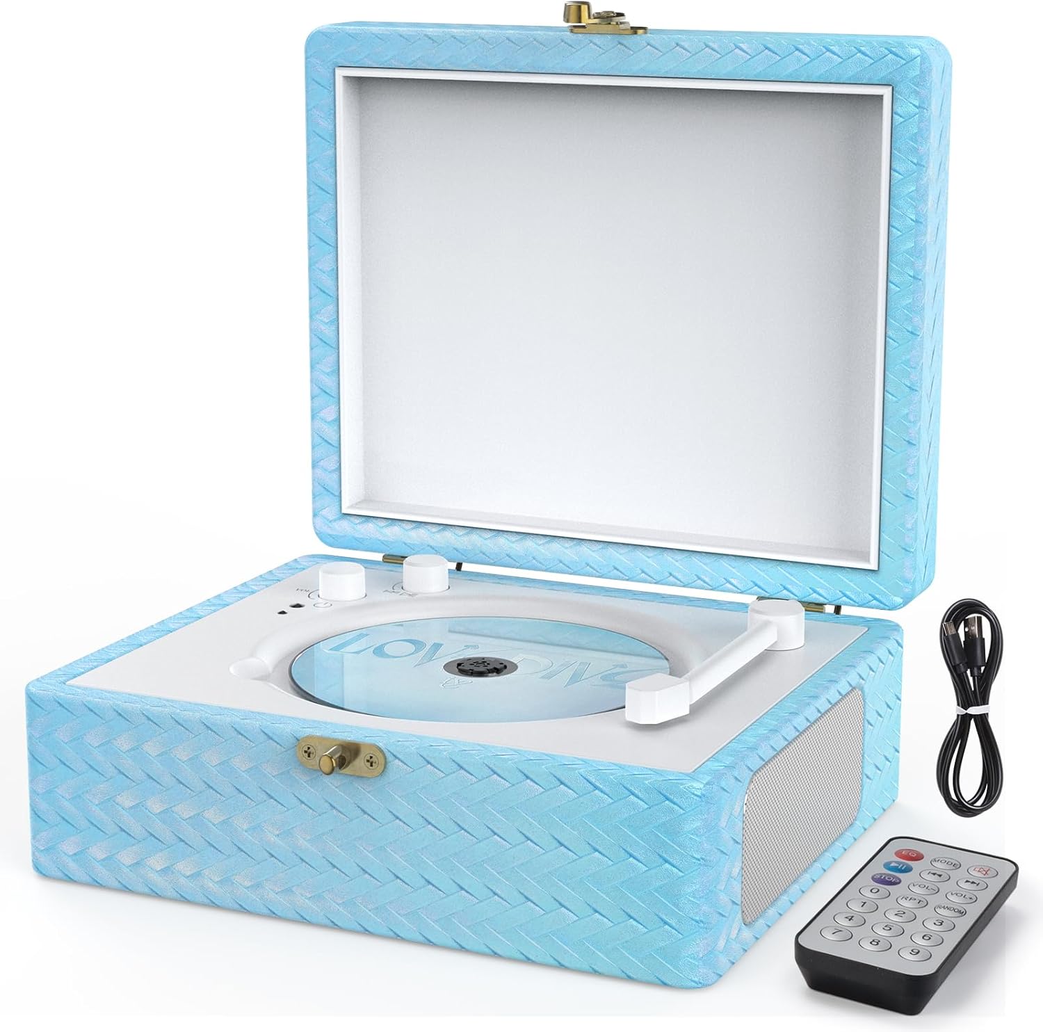 CD Player Portable with Speakers Bluetooth Desktop Knit Retro CD Player for Home Rechargeble Battery Small Vintage Player with BT Input USB Playback AUX in Headphone Jack Remote Control (Blue)