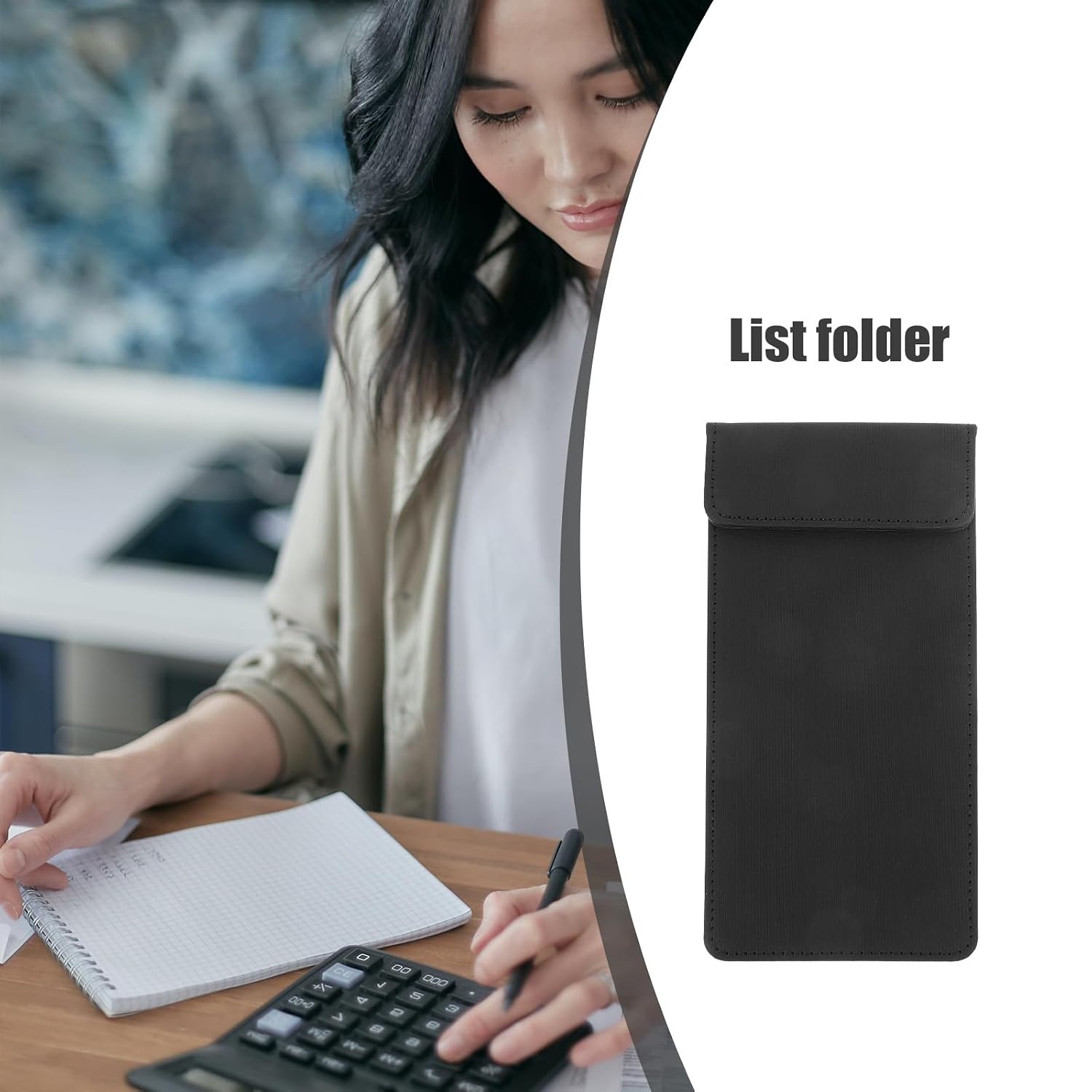 FUOYLOO Restaurant Check Presenter Folder with Black Litchi Texture Leather, 10x20cm Order Holder for Menu and Guest Checks, Server Book for Hotels and Restaurants