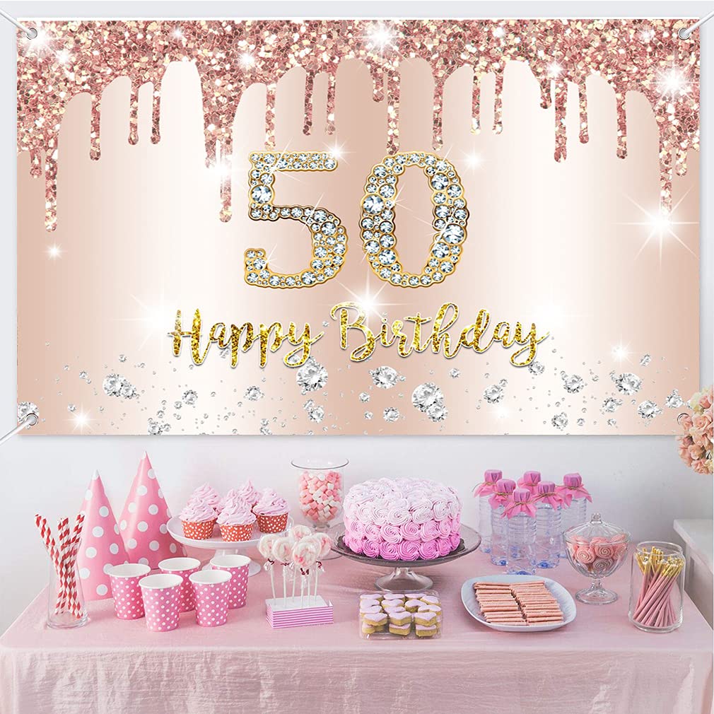 50th Birthday Decorations for Women Happy 50th Birthday Party Decoration Backdrop Banner, 50 Years Old Fabric Sign Poster - Image 4