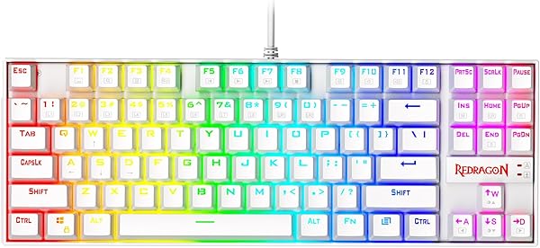 Redragon K552P Mechanical Gaming Keyboard TKL with 18 Backlight Modes, Hot-Swappable Blue Switches, 87-Key Compact Ergonomic Design, N-Key Rollover & Software Programmable Macro - RGB, White