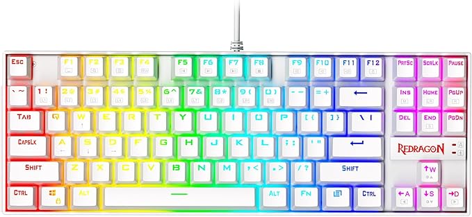 Redragon K552 Mechanical Gaming Keyboard 60% Compact 87 Key Kumara Wired Cherry MX Blue Switches Equivalent for Windows PC Gamers (RGB Backlit White)