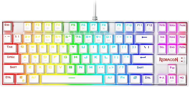 Redragon K552P Mechanical Gaming Keyboard TKL with 18 Backlight Modes, Hot-Swappable Blue Switches, 87-Key Compact Ergonomic Design, N-Key Rollover & Software Programmable Macro - RGB, White